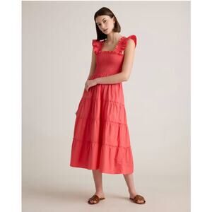 Quince Organic Cotton Poplin Smocked Midi Dress Coral Ruffle Strap Tiered Sz M